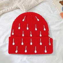Knit Rhinestone Embellished Hat For Women, Winter Warm Beanies Cap For Outdoor Shopping, Dating, Ski - Đỏ - Xem 5