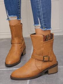 1 Pair Women's Autumn/Winter Fashion Boots, Pointed Toe Block Heel Short Boots, Knit Collar Western Style With Buckle And Side Zipper, Holiday