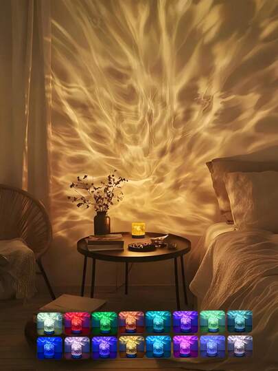 1pc 16-Color Crystal Water Wave Projection Night Light, USB Powered, Suitable For Home Decor, With Remote Control, Creates Bedroom Ambiance, Ideal For Holiday Gifts And Sunset Lamps. Acrylic Crystal Material, 16 Adjustable Color Lights, Soft And Non-Glaring Illumination. Lighting, Home Decor, LED Lamp, Bedroom Decor, Lighting Fixtures, Bedroom