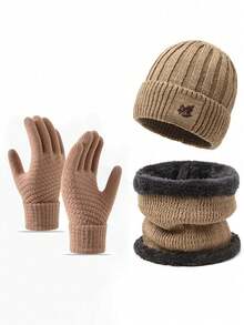 Set de 3 piezas de guantes, gorro y bufanda de lana tejida y forrada, adecuado para clima frío, unicolor, decoración casual de otoño