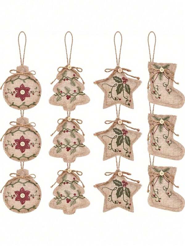 Conjunto de 12 peças de enfeites natalinos rústicos em juta, ideais para pendurar na árvore de Natal, festas, ambientes e guirlandas. Decoração de inverno para casa.