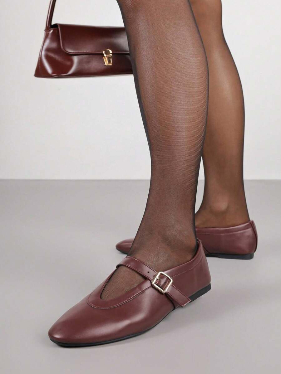 Bailarinas clásicas de estilo Mary Jane para mujer, zapatos de ballet de cuero suave para uso casual en el trabajo/oficina en otoño - Burdeos - Ver 1