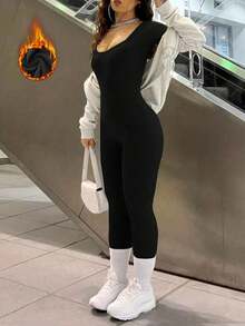 时尚休闲方领长袖修身连体裤，适合健身和户外活动，秋季新品 - 黑色 - 查看 1