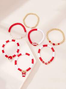 7/8Pcs Game Day Football Sports Themed Polymer Clay Beaded Bracelet Set - Stackable Red White & Red Black Team Spirit Bracelets For Women - Olives - View 4