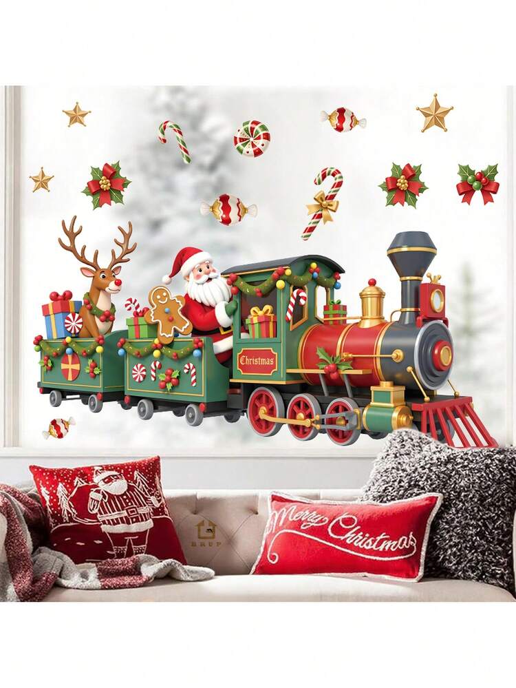 1 件圣诞快乐墙贴 - 圣诞老人火车驯鹿图案，可移除贴花，适用于儿童房育儿室装饰、节日家居装饰和快乐冬季主题和圣诞礼物 - 彩色 - 查看 5