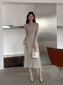 Autumn/Winter Korean Style Apricot Elegant Waist Cinched Cutout Shoulder Long Sleeve Women Sweater Dress