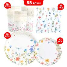 30件套白色花卉图案一次性餐盘、餐巾纸和杯子套装，派对用品，适用于生日、婚礼、聚会、家庭野餐 - 彩色 - 查看 13