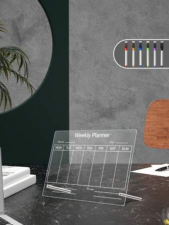 1pc Reusable Whiteboard (With 6 Magnetic Dry Erase Markers) Weekly Planner Time Management Calendar Movable Desk Memo Board