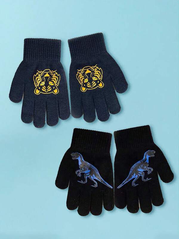 Guanti per bambini - Guanti invernali in lana a cinque dita con dita intere, con disegni carini di tigre e dinosauro, adatti per bambine e bambini, ideali per studenti della scuola primaria.