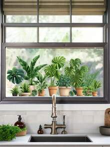1 件悬挂式绿色盆栽窗贴热带植物绿色植物玻璃贴纸窗贴可移除盆景墙贴花剥离粘贴艺术壁画适用于卧室客厅办公室厨房墙壁艺术墙面装饰房间装饰个性化贴纸厨房装饰 - 彩色 - 查看 8