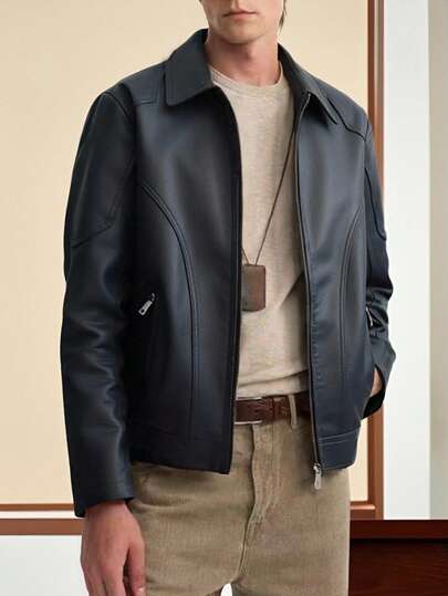 Men's Vintage Motorcycle Casual PU Leather Long Sleeve Jacket, Slim Fit, Spring/Autumn, Grunge