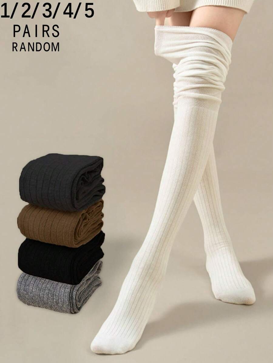1/2/3/4/5 Pairs Women Solid Color Vertical Striped Thigh High Socks, Fashion JK Style, Comfortable & Breathable