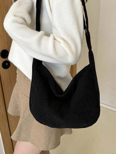 1pc Solid Color New Shoulder Bag For Women, Corduroy Fabric, Versatile & Spacious For School, Commute, Casual Wear