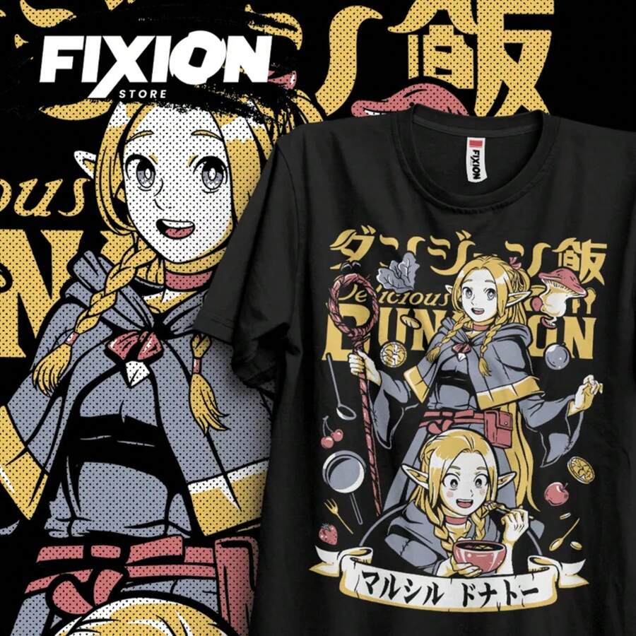 Anime Dungeon Meshi-Marcille T-Shirt, Manga Gift For Anime Lovers, All Sizes, Cotton - màu đen - Xem 1