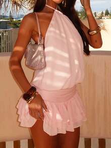 Women's Summer Mini Dress Plain Halter Neck Backless Layers Ruffle Hem Mini Dress A Line Going Out Dress - Hồng - Xem 3