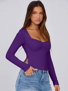 Y2K Sweetheart Collar Long Sleeve Ruched Side Slit Top T-Shirt, Spring/Autumn - Purple - View 6
