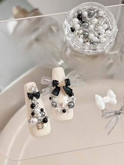1pc Christmas Nail Art Pearl Mixed Set, Black Bow Wreath Nail Decor, DIY Nail Jewelry For Finger Nails, Christmas Black Series