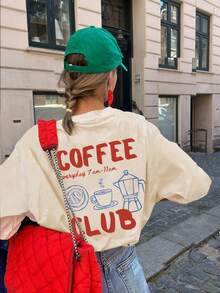 Women's New Casual Coffee & English Print Round Neck White Short Sleeve T-Shirt, Simple & Versatile, Suitable For Daily Wear