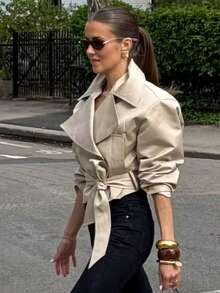 Chaqueta de mujer de primavera y otoño con cuello de solapa, manga larga, un solo botón y cinturón, estilo de calle - Caqui - Ver 9