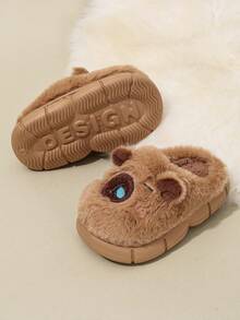 1 par de pantuflas de invierno cálidas para niños, pantuflas de felpa antideslizantes para interiores para niños y niñas, zapatos de casa lindos para niños pequeños - Marrón - Ver 4