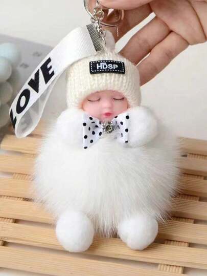 1 قطعة سلسلة مفاتيح دمية كرتونية مع فرو صناعي حقيقي، شكل دائري من السبائك المعدنية، خاتم مفاتيح زخرفي للسيدات مع إبزيم، مثالي لتزيين الحقيبة والسيارة، هدية مثالية لعيد الحب، قطعة واحدة