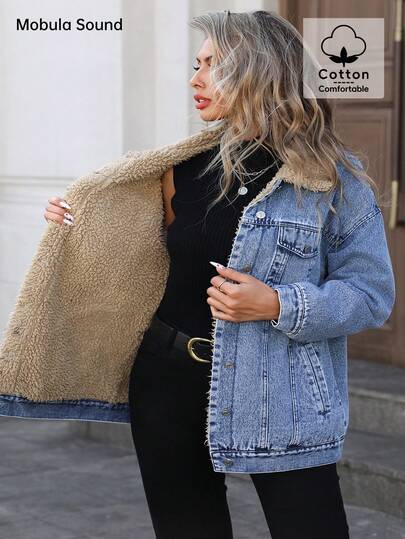 Veste en jean doublée thermique de style étudiant Y2K bleu denim pour femmes grandes tailles, polyvalente pour l'automne et l'hiver