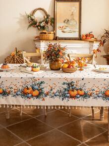 1pc Happy Thanksgiving Day Rectangular Tablecloth, Blue & Yellow Pumpkin Print, 3D Bamboo Texture, Beige Tassel Fringe, Washable, Coffee Table/Round Table Cover, Dining Table Decor, Home Decor, Suitable For Dining Room, Meals, Gatherings, Parties And Holiday Events, Autumn Decor, Thanksgiving Decor, Harvest Festival Gift - Blue and Yellow Pumpkins On Both Sides - View 17