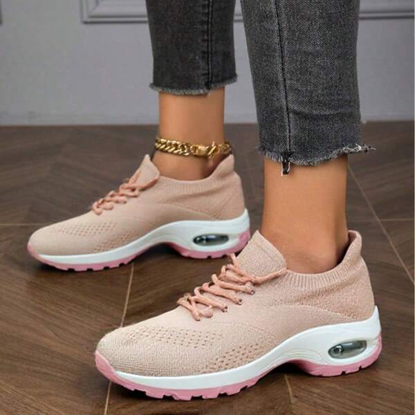 Women's Knit Casual Sports Shoes With Air Cushion Shock Absorption Lace-Up Sock Shoes For Dancing