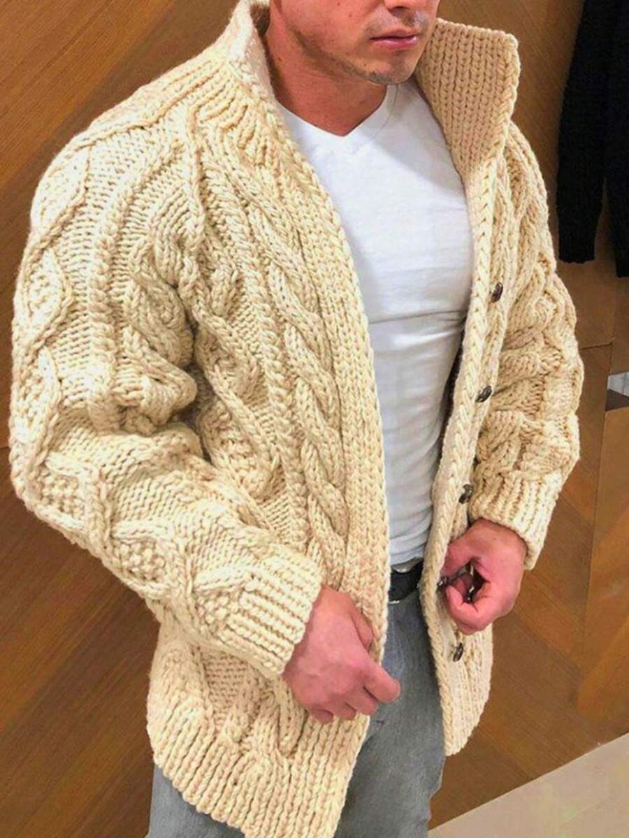 European & American Cross-Border 2025 New Men's Best-Selling Heavyweight Cardigan Sweater - Long-Sleeve Stand-Collar Cable & Jacquard Knit Casual Outerwear - 卡其色 - 查看 1