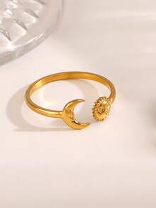 1/3pcs 18K Gold Plated Stainless Steel Moon & Sun Open Rings, Suitable For Women's Daily Wear