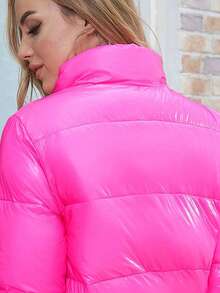 ZIAI Neon Pink Elastic Hem Slant Pocket Zipper Padded Coat - Pink - View 11