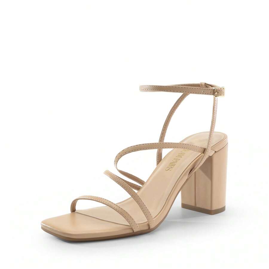Women's Heels Chunky Block Strappy Square Open Toe Ankle Buckle Heeled Sandals Wedding Party Dress Shoes - Màu be - Xem 1