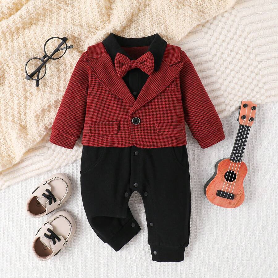 Newborn Baby Plaid Gentleman Romper With Bowtie