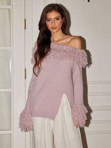 Women's Retro Elegant French Street Solid Color Tassel Oblique Shoulder Long Sleeve Slit Hem Fit Pullover Sweater Cuffed Oneneck Offshoulder Fringed Sweater, Fall Winter