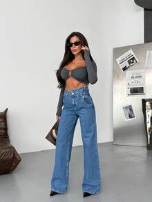 SQUALO Women's Blue Washed, Ripped, And Distressed Effect Jeans Street Style - Blue - View 5