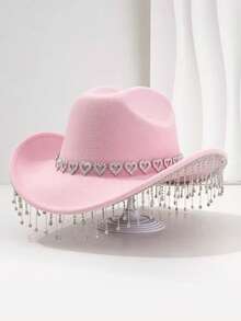 1PC Unique British Style Elegant Cowboy Hat For Men And Women, With Heart-Shaped Diamond Hat Chain, Tassel-Shaped Pendant, Bohemian Style Wide Top Hat, Colorful And Vibrant, Suitable For Western Theme Events, Role Play, Graduation, Graduation, Masquerade, Masquerade, Wedding, Celebration, Halloween Party