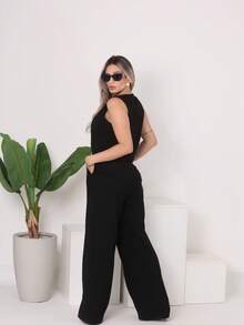 Casaul Premium Tailored Women's Set, Wide Leg Pants With Pocket, Sleeveless Blouse - 黑色 - 查看 6