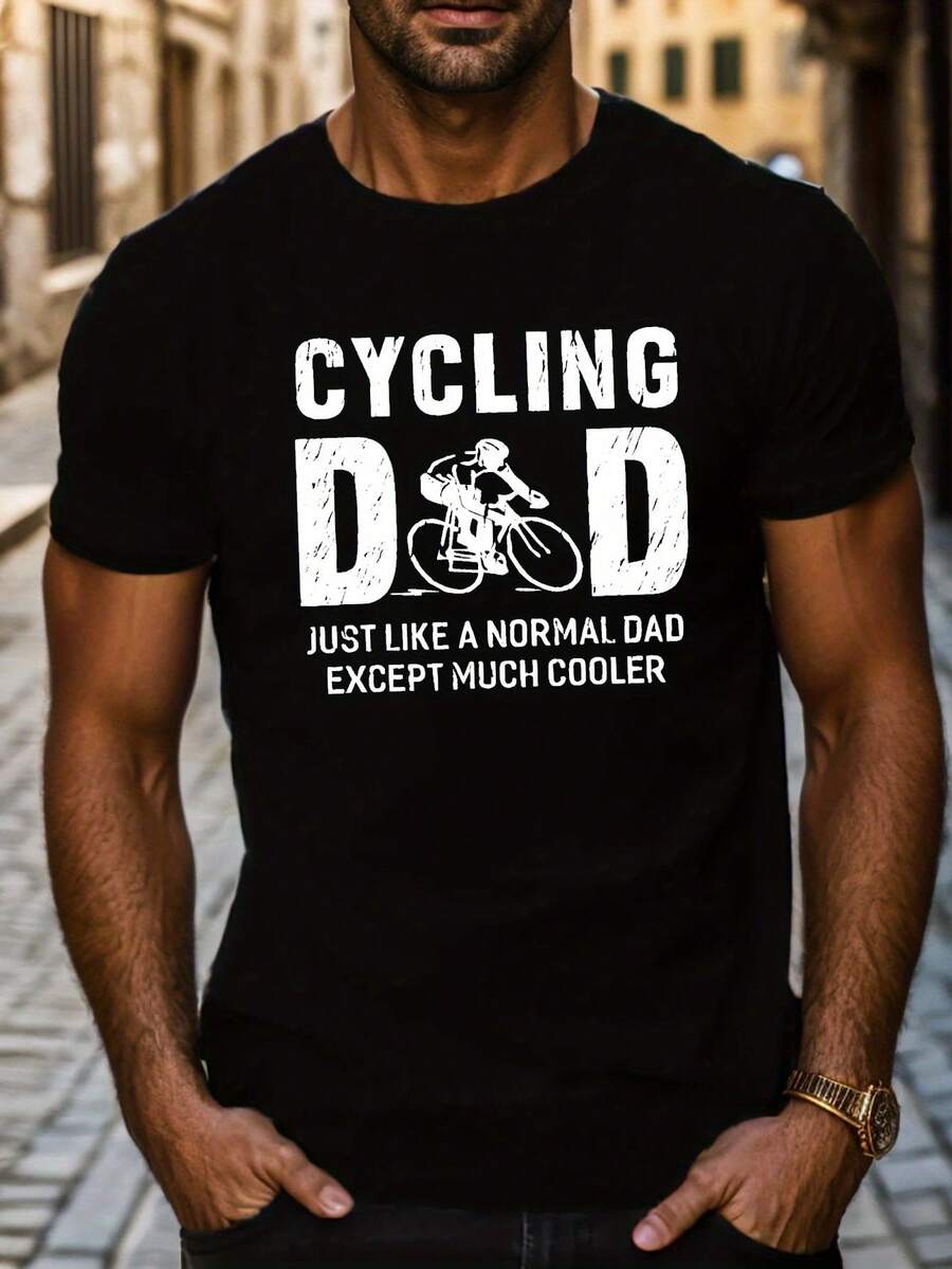 Camisetas de Manga Corta con Estampado de CYCLING DAD para Hombres, Camiseta Casual de Cuello Redondo, Camiseta Cómoda y Transpirable - Negro - Ver 1