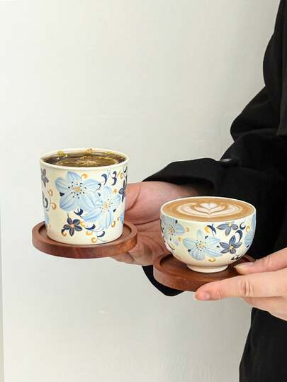 1pc Vintage Minimalist Ceramic Coffee Cup & Saucer Set, Lily Pattern Kung Fu Tea Cup, Household Living Room Ceramic Tea Cup, Coffee Latte Cup With Wooden Holder