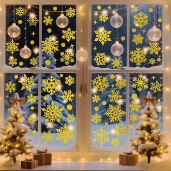6 Sheets (105pcs) Merry Christmas Gold & Silver Glitter Snowflake Window Clings - Static Cling Snowflake Decals, Reusable Plastic Holiday Decorations For DIY, Winter Celebration Decor, Gift Wrapping, Card Making, No Residue Winter Stickers For Home, Office, Retail Display