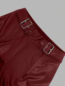 Pantalones de cintura alta elegantes de unicolor para mujeres, adecuados para el transporte en verano y principios de otoño - Burdeos - Ver 4