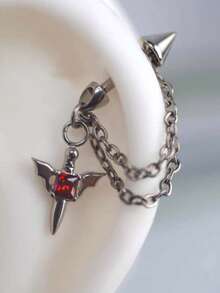 1 件装深色风格红色翼链钛钢魔鬼尖刺耳软骨耳钉 - 銀色 - 查看 1