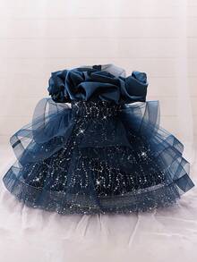 Baby Girls Sequin Mesh Cute Birthday Princess Dress, Suitable For Party, Celebration, Outing, Does Not Include Headband - Navy Blue - View 3