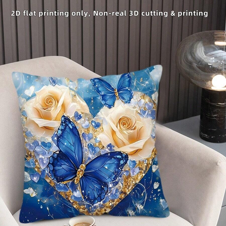 TOPSSCTR 4 Stücke, 2D Flach Digital Bedruckte Elegante Blumen & Schmetterling Dekorative Kissenbezüge - Einseitig Blau & Golden Blumen Bedrucktes Design, Weicher Polyesterstoff, 45x45 cm Quadratisch mit Reißverschluss, Maschinenwaschbar für Sofa, Schlafzimmer, Wohnzimmer Dekoration, Schlafzimmer Accessoires, Leuchtende Kissenbezüge
