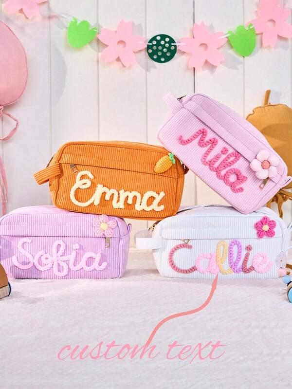 1 Pc Personalized Corduroy Pencil Case, Customizable Text, Stationery Storage Bag, Cosmetic Bag, Toiletry Bag, Travel Essential Large Capacity Stationery Storage Bag, Suitable For School And Office, Thanksgiving, Christmas, Birthday Halloween Decoration Creative Gift, Back To School, Multifunctional