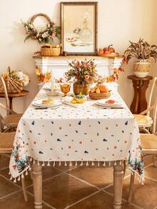 1pc Happy Thanksgiving Day Rectangular Tablecloth, Blue & Yellow Pumpkin Print, 3D Bamboo Texture, Beige Tassel Fringe, Washable, Coffee Table/Round Table Cover, Dining Table Decor, Home Decor, Suitable For Dining Room, Meals, Gatherings, Parties And Holiday Events, Autumn Decor, Thanksgiving Decor, Harvest Festival Gift - Blue and Yellow Pumpkins On Both Sides - View 13