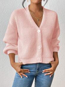 New Fashion Solid Color V-Neck Button Knit Cardigan For Women - Baby Pink - View 3