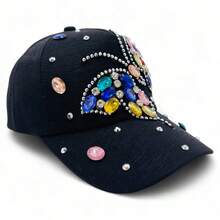 "Rainbow Butterfly" Bling Bling Bead BASEBALL CAP Adjustable, UV Protection, Perfect For Outdoor Activities, Casual - Hitam - View 3
