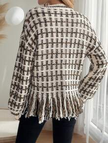 Fall Winter New Arrival Shopping Party Thick Knit Texture Retro Style Tassel Hem V‑Neck Knit Outerwear - Multicolor - View 2