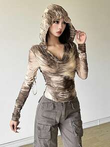 Áo thun dài tay có mũ trùm đầu dáng ôm dáng đơn sắc dành cho nữ phong cách đường phố Top Dazzle - Màu Khaki - Xem 7